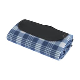 A folded blue and white checked blanket with a black attachment, ideal for leisure and outdoor activities.