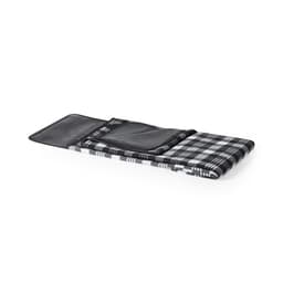 A checkered black and white blanket folded neatly, with a smooth black backing. It features a branding logo.
