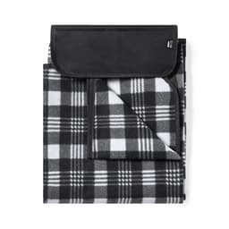 A folded black and white checkered picnic rug with a grey top layer, featuring a logo on one corner.