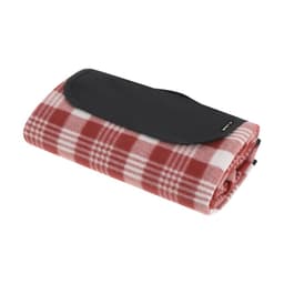 A red and white checkered blanket, neatly folded, featuring a black flap and a logo. Suitable for picnics or outdoor use.