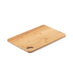 A bamboo chopping board with a smooth surface and a round handle cutout on one side.