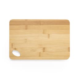 A bamboo chopping board with a rounded handle cut-out, featuring a natural wood finish.