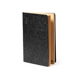 A black notebook with a textured cover and beige pages, featuring a logo on the back.