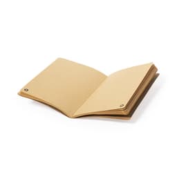 A kraft brown notebook featuring a simple design with visible binding and blank pages.