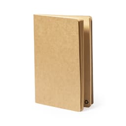 A brown, eco-friendly notebook with a textured cover and blank interior pages, featuring a logo on the back.