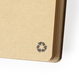 A brown notebook with a textured cover and a recycling logo on the bottom corner.