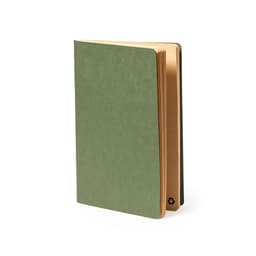 A green notebook with a textured cover and brown pages, featuring a logo on the back.