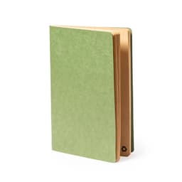 A green notebook with a textured cover and recycled paper pages, featuring a small logo on the back.