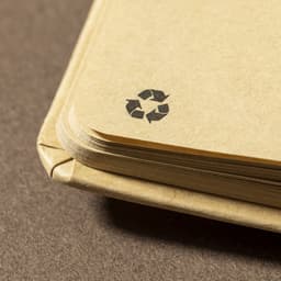 A kraft paper notebook with rounded corners, featuring a recycling symbol on the cover.