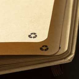 A brown recycled paper notebook with rounded corners, featuring recycling symbols on the edges and visible binding.