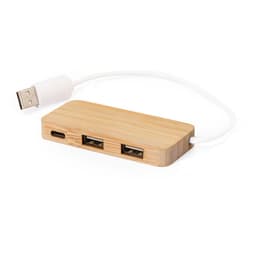 A bamboo USB hub with two standard USB ports and a USB-C connector, featuring a white cable.
