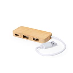 A bamboo USB hub with two standard USB ports and one USB-C port, featuring a white connecting cable.