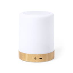 A Bluetooth speaker featuring a white cylindrical body with a bamboo base. It includes a visible charging port.