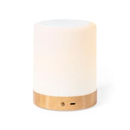 A Bluetooth speaker with a cylindrical white body and a bamboo base, featuring an integrated logo.