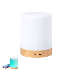 A cylindrical white Bluetooth speaker with a wooden base, featuring a glowing blue light at the top.