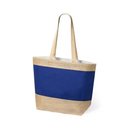 A large blue and natural burlap tote bag with two handles and a simple design, featuring a logo.