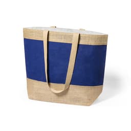 A large bag with a navy blue canvas body and natural jute base, featuring sturdy handles. It has a logo on one side.