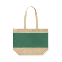 A green and natural jute bag with two handles and a solid colour panel. The bag has a logo on it.