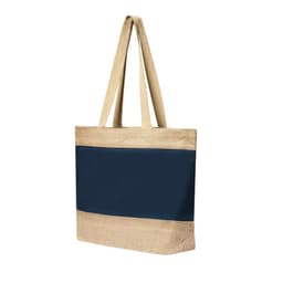 A navy and beige tote bag with two sturdy straps and a logo on the front.