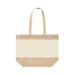 A natural-toned bag featuring a canvas section and jute bottom, equipped with two sturdy handles.