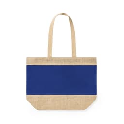 A blue and natural jute bag with two sturdy handles and a logo. Ideal for various uses.