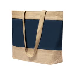 A large tote bag featuring a navy blue fabric section and a natural jute bottom with two sturdy handles.
