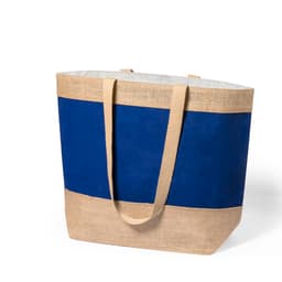 A tote bag featuring a blue upper section and a natural burlap lower section, with sturdy handles.