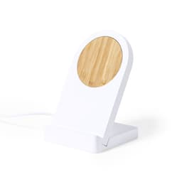 A wireless charger featuring a white base and a circular bamboo charging surface. It has a modern, minimalistic design.