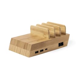 A wireless charger in a sleek bamboo design with multiple charging slots and USB ports. It has a natural wood finish.