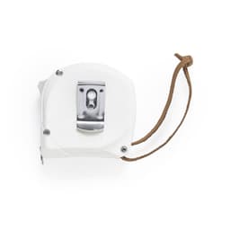 A white tape measure with a metal clip and a leather strap, part of the "Hermy 5m" keyring and tools range.
