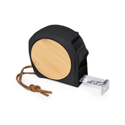 A tape measure with a black casing and a bamboo-like front, featuring a metal measuring tape and a brown leather strap.
