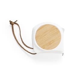 A tape measure with a white casing and a wooden top, featuring a brown cord for easy carrying.