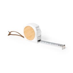 A tape measure with a white casing and a wooden feature, featuring a retractable silver measuring tape.