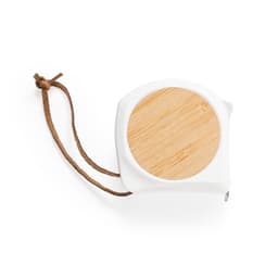 A white tape measure with a bamboo top and a brown leather strap. It features a logo on the surface.