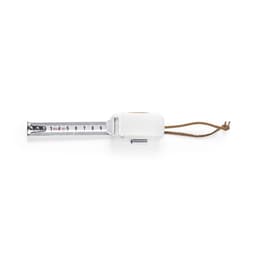 A tape measure with a white casing and a silver metal blade, featuring a brown strap for easy carrying.