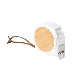 A white tape measure with a bamboo top and a brown cord. It features a metal hook for easy use.