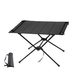 A portable black barbecue table with a folding design, accompanied by a matching storage bag.