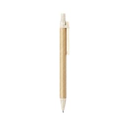 A pen featuring a brown paper barrel and a transparent plastic clip. It has a logo on the side.