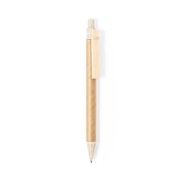 A brown pen with a wooden clip and a silver tip. It features a simple design and has a logo on its body.