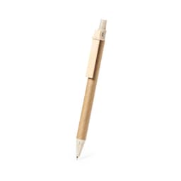 A pen featuring a natural brown cardboard barrel and a white nib, with a clip for easy attachment.