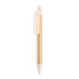 A pen with a natural brown wooden body and a silver clip, featuring a logo.