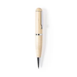A wooden pen with a sleek design in a light colour, featuring chrome accents and a rounded top.