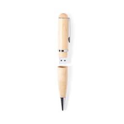 A wooden pen with a USB drive in a natural finish, featuring chrome accents and a removable top.