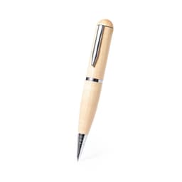 A wooden pen with a natural finish and silver accents, showcasing a sleek design. It features a clip for convenience.