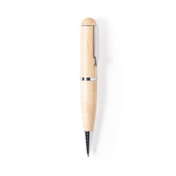 A wooden pen with a smooth, light wood finish and chrome accents. It features a sleek design and a clip.