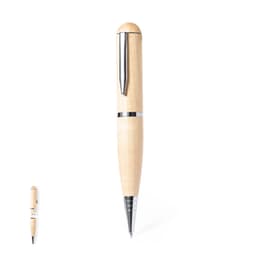 A wooden pen with a natural finish and silver accents, featuring a sleek, elongated design.