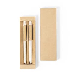 A gift set featuring two white and gold pens in a kraft box with a logo.