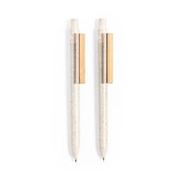 A set of two cream-coloured pens with wood and metallic accents, featuring a branding logo on one pen.