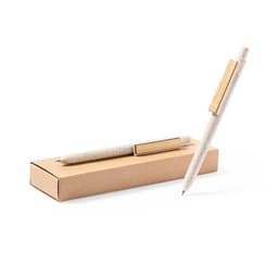 A promotional gift set featuring two eco-friendly pens in cream colour, packaged in a simple brown box with a wooden clip.