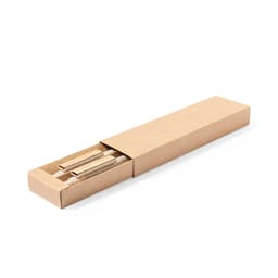 A gift set featuring two elegant pens in a cardboard packaging, showcasing a natural brown colour.